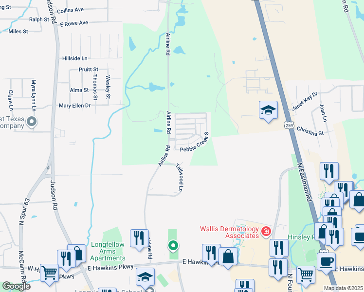 map of restaurants, bars, coffee shops, grocery stores, and more near 26 Pebble Creek Drive South in Longview