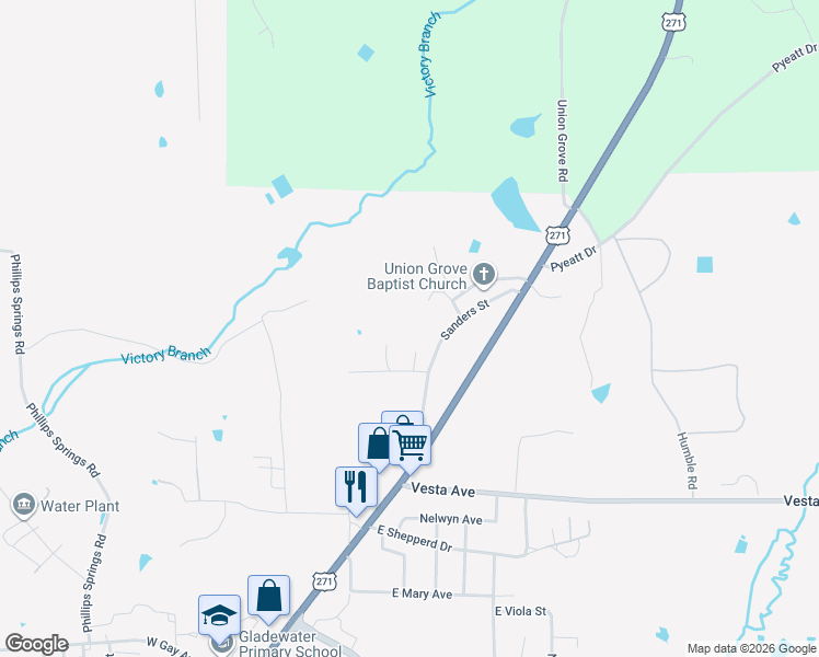 map of restaurants, bars, coffee shops, grocery stores, and more near in Gladewater