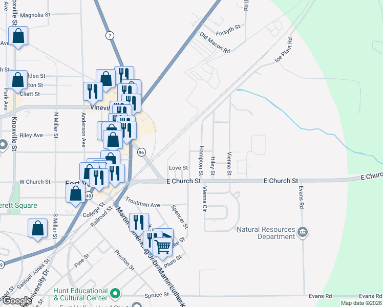 map of restaurants, bars, coffee shops, grocery stores, and more near 208 Peachtree Extension in Fort Valley