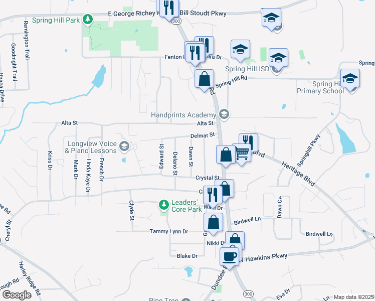 map of restaurants, bars, coffee shops, grocery stores, and more near 407 Dawn St in Longview