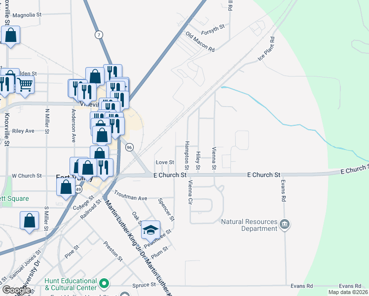 map of restaurants, bars, coffee shops, grocery stores, and more near 208 Peachtree Extension in Fort Valley