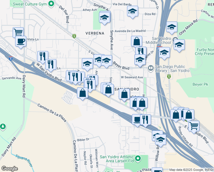 map of restaurants, bars, coffee shops, grocery stores, and more near 2346 Smythe Avenue in San Diego
