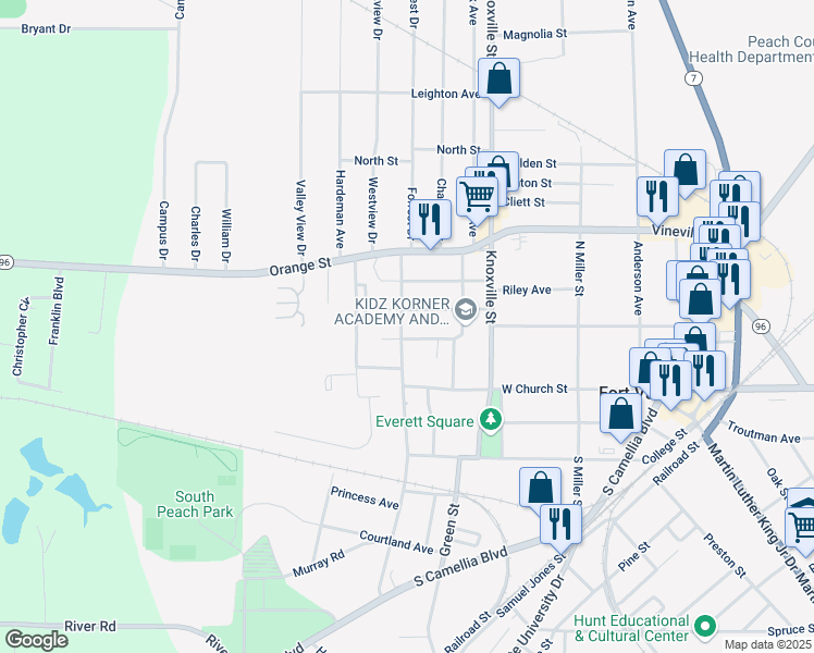 map of restaurants, bars, coffee shops, grocery stores, and more near 302 North Montrose Street in Fort Valley