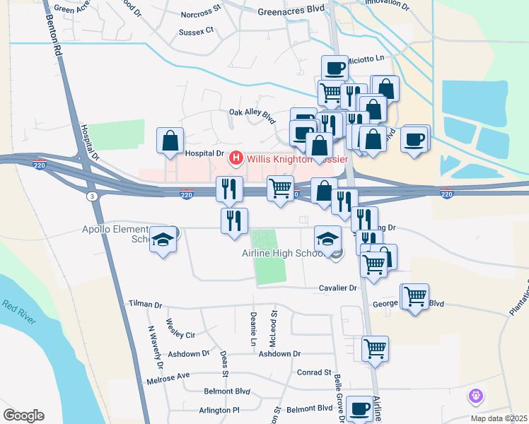 map of restaurants, bars, coffee shops, grocery stores, and more near 2531 Viking Drive in Bossier City