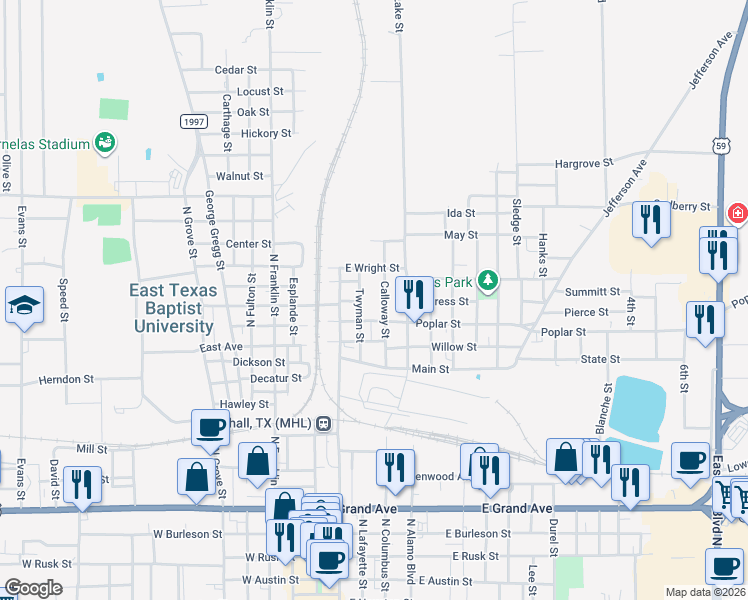 map of restaurants, bars, coffee shops, grocery stores, and more near 1203 Calloway Street in Marshall