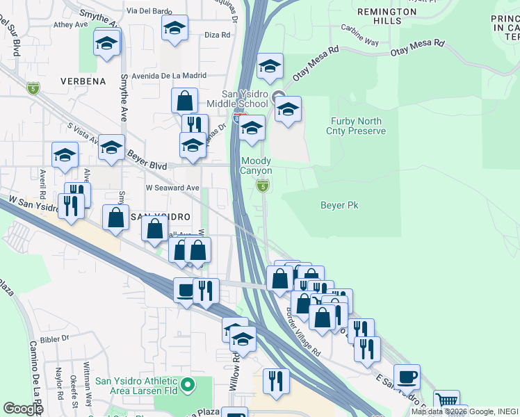 map of restaurants, bars, coffee shops, grocery stores, and more near 2315 East Beyer Boulevard in San Diego