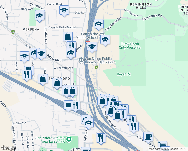 map of restaurants, bars, coffee shops, grocery stores, and more near 2315 East Beyer Boulevard in San Diego