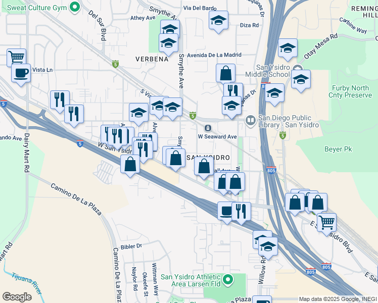 map of restaurants, bars, coffee shops, grocery stores, and more near 239 1/2 Cottonwood Road in San Diego