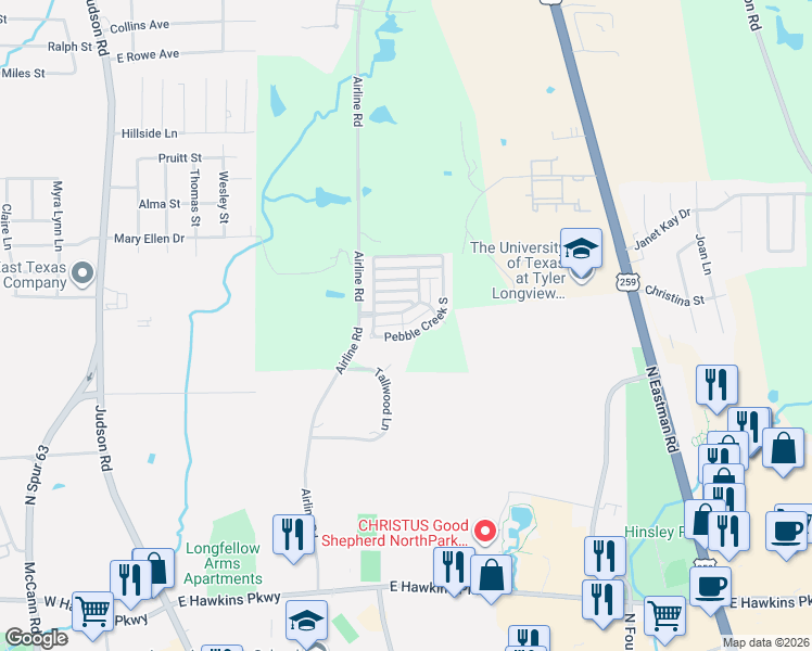map of restaurants, bars, coffee shops, grocery stores, and more near 26 Pebble Creek Drive South in Longview