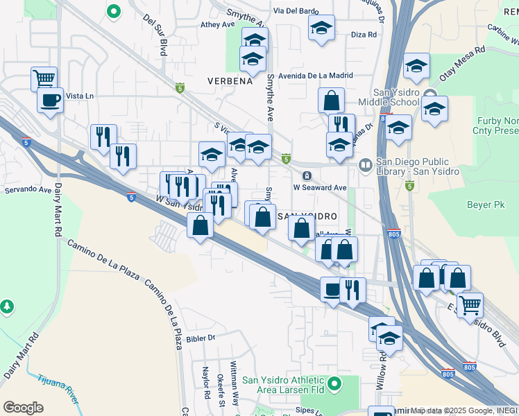 map of restaurants, bars, coffee shops, grocery stores, and more near 2344 Smythe Avenue in San Diego
