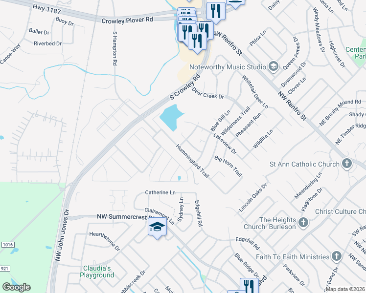 map of restaurants, bars, coffee shops, grocery stores, and more near 601 Hummingbird Trail in Crowley