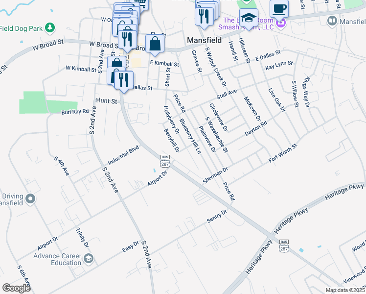 map of restaurants, bars, coffee shops, grocery stores, and more near 530 Hollyberry Drive in Mansfield