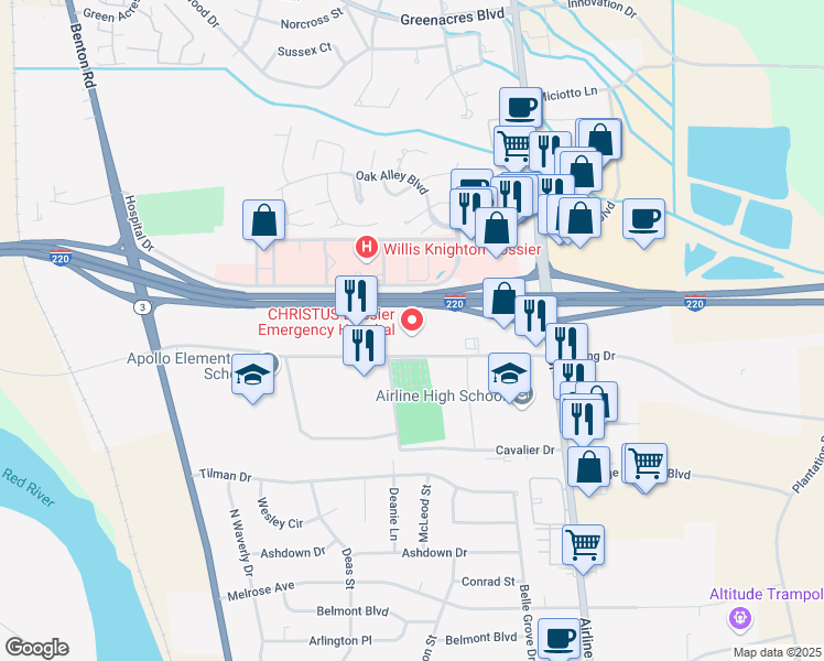 map of restaurants, bars, coffee shops, grocery stores, and more near 2531 Viking Drive in Bossier City
