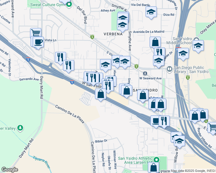 map of restaurants, bars, coffee shops, grocery stores, and more near 425 West San Ysidro Boulevard in San Diego