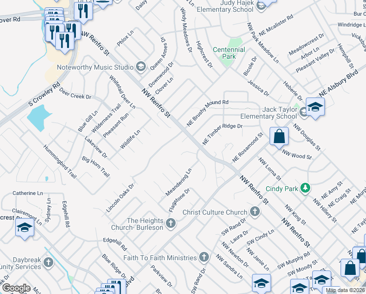 map of restaurants, bars, coffee shops, grocery stores, and more near 116 Cliffside Drive North in Burleson