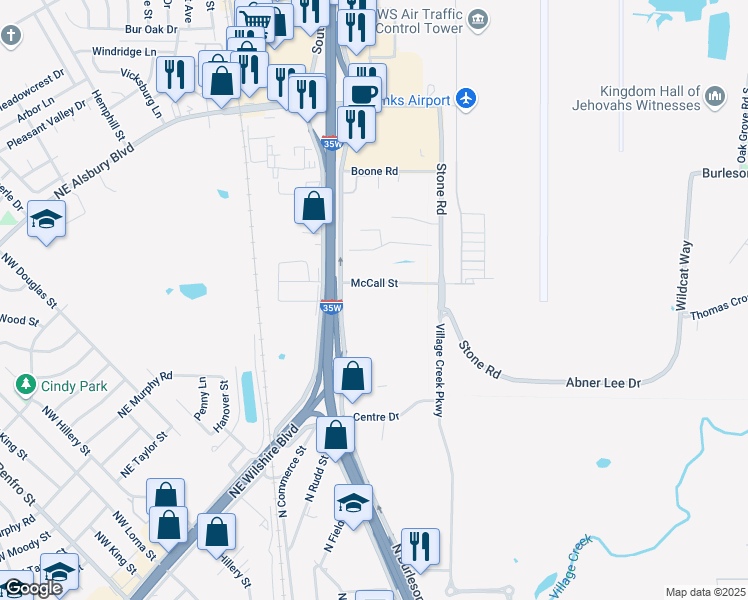 map of restaurants, bars, coffee shops, grocery stores, and more near 632 North Burleson Boulevard in Burleson