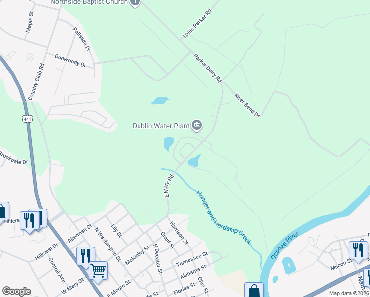 map of restaurants, bars, coffee shops, grocery stores, and more near 104 Parker Dairy Road in Dublin