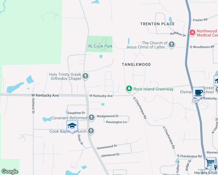 map of restaurants, bars, coffee shops, grocery stores, and more near 1107 Willow Drive in Ruston