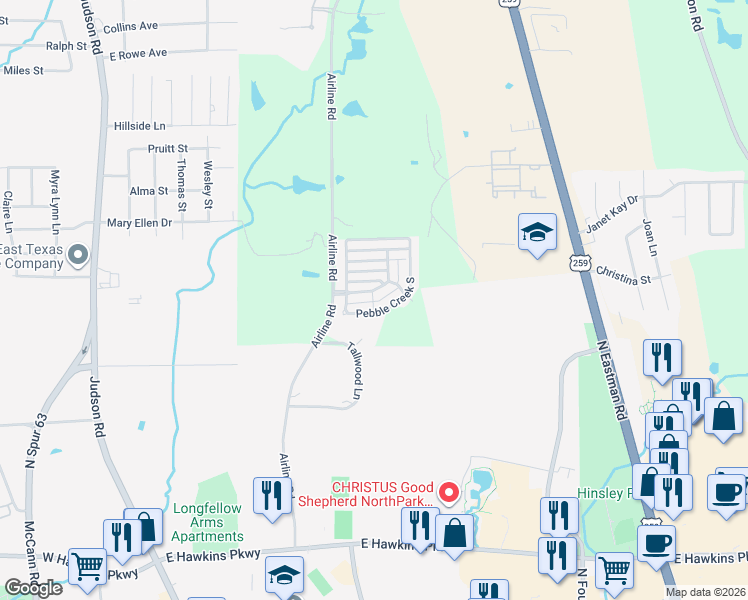 map of restaurants, bars, coffee shops, grocery stores, and more near 26 Pebble Creek Drive South in Longview