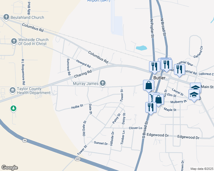 map of restaurants, bars, coffee shops, grocery stores, and more near 86 Cedar Street in Butler