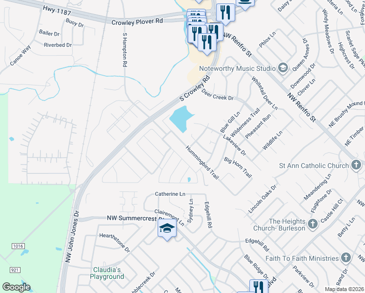 map of restaurants, bars, coffee shops, grocery stores, and more near 601 Hummingbird Trail in Crowley
