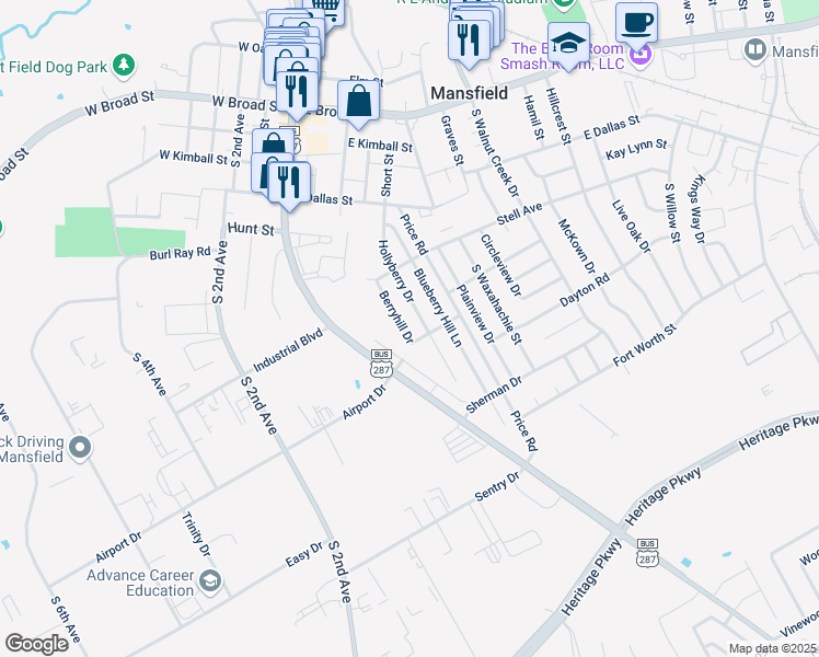 map of restaurants, bars, coffee shops, grocery stores, and more near 530 Hollyberry Drive in Mansfield
