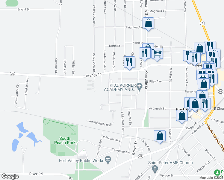 map of restaurants, bars, coffee shops, grocery stores, and more near 103 Brooks Boulevard in Fort Valley
