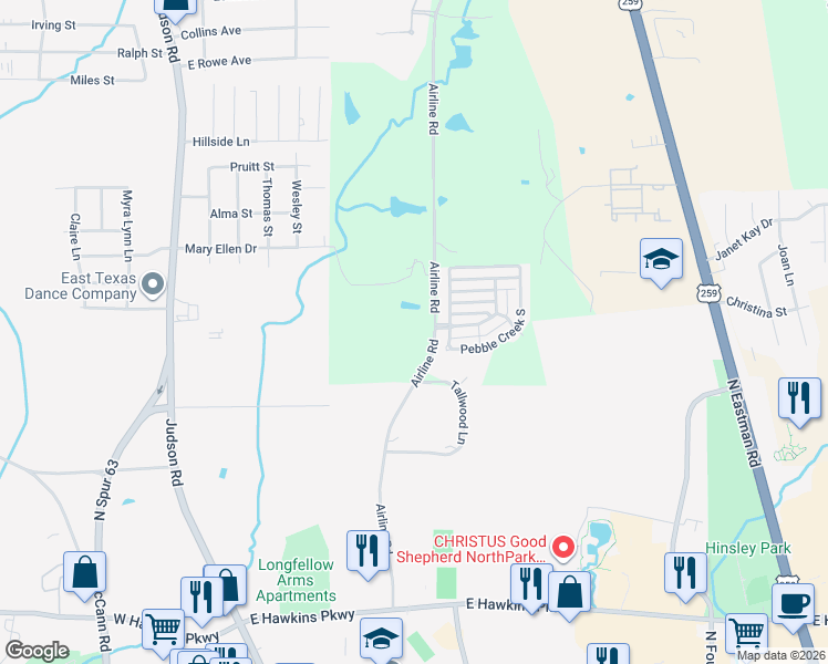 map of restaurants, bars, coffee shops, grocery stores, and more near 3503 Airline Rd in Longview