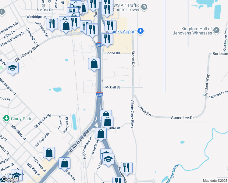 map of restaurants, bars, coffee shops, grocery stores, and more near 632 North Burleson Boulevard in Burleson