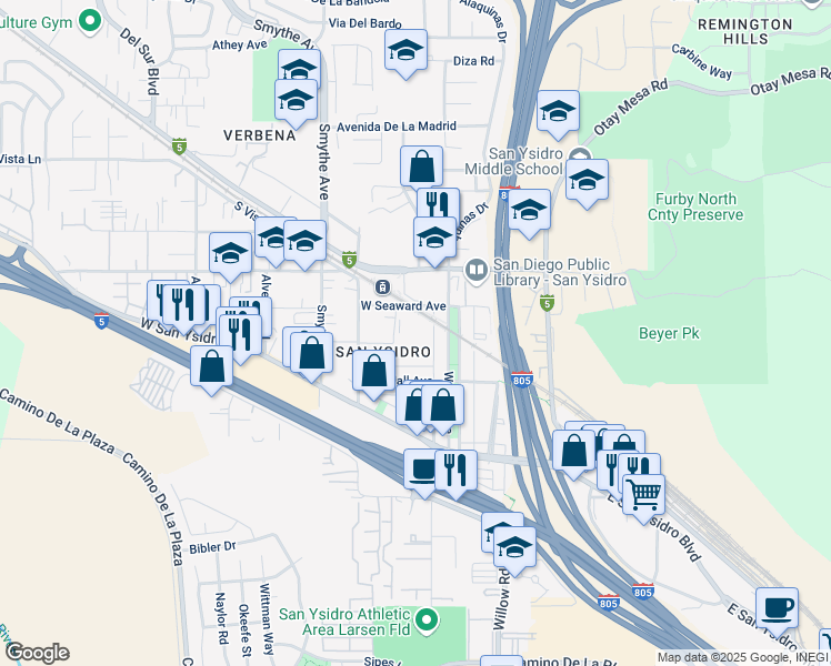 map of restaurants, bars, coffee shops, grocery stores, and more near in San Diego