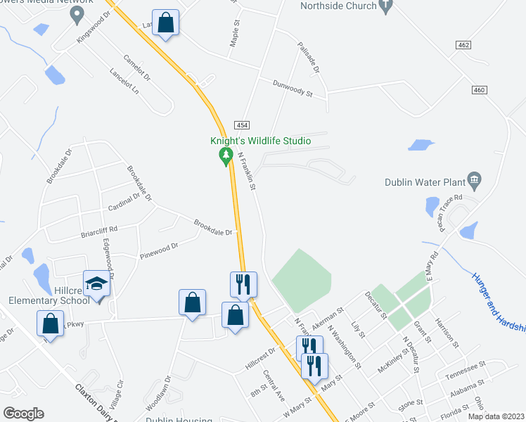 map of restaurants, bars, coffee shops, grocery stores, and more near 1325 North Franklin Street in Dublin