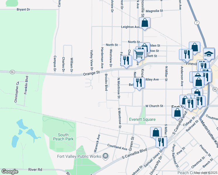 map of restaurants, bars, coffee shops, grocery stores, and more near 103 Brooks Boulevard in Fort Valley