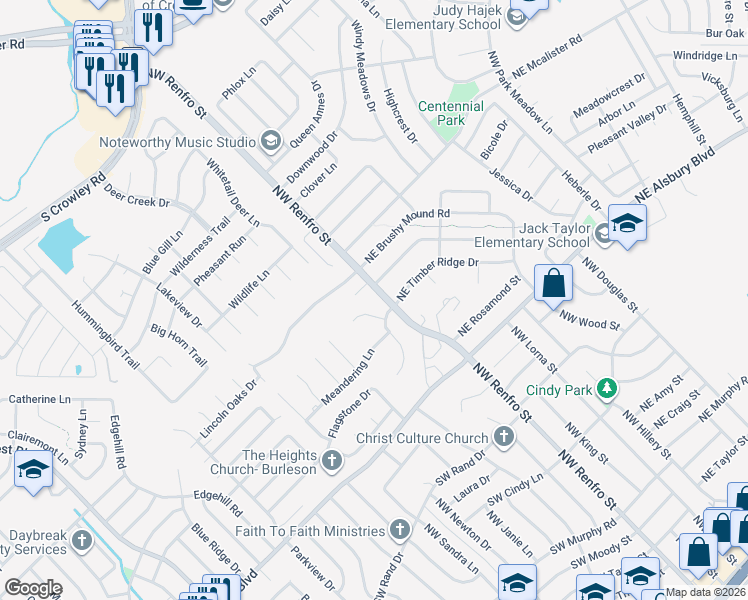 map of restaurants, bars, coffee shops, grocery stores, and more near 116 Cliffside Drive North in Burleson