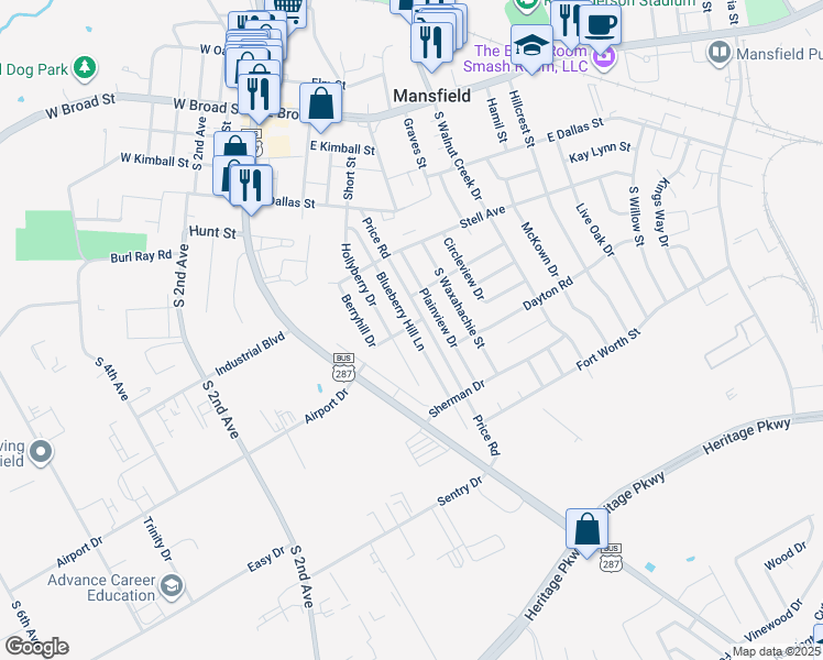 map of restaurants, bars, coffee shops, grocery stores, and more near 601 Blueberry Hill Lane in Mansfield