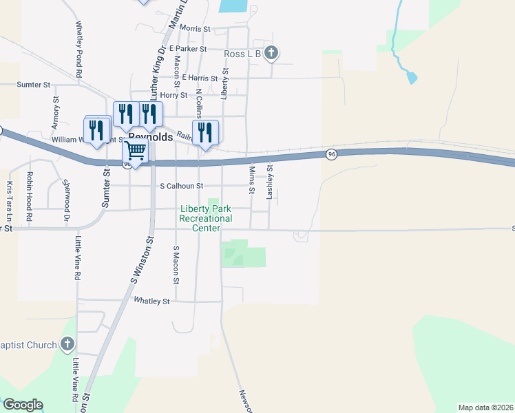 map of restaurants, bars, coffee shops, grocery stores, and more near 29 Mims Street in Reynolds