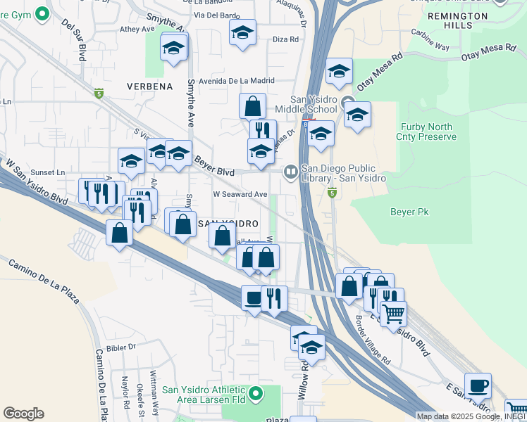 map of restaurants, bars, coffee shops, grocery stores, and more near 247 West Park Avenue in San Diego