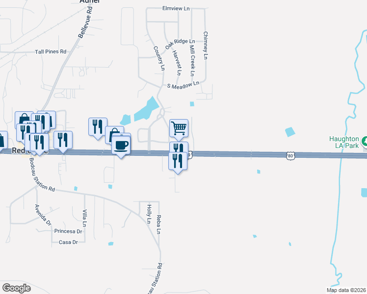 map of restaurants, bars, coffee shops, grocery stores, and more near 2955 U.S. 80 in Haughton