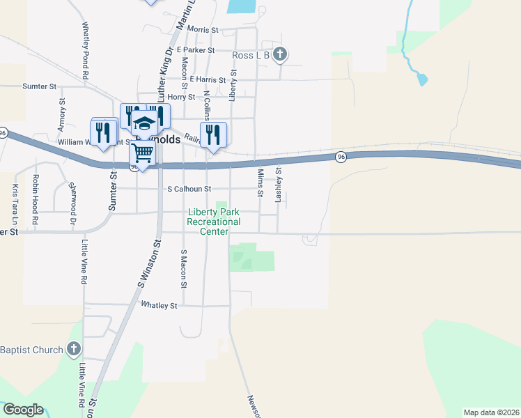 map of restaurants, bars, coffee shops, grocery stores, and more near 29 Mims Street in Reynolds