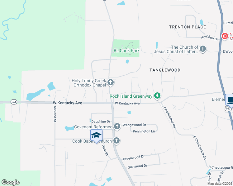 map of restaurants, bars, coffee shops, grocery stores, and more near 1114 Abby Lane in Ruston