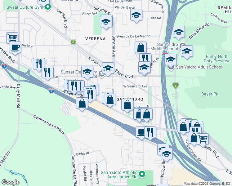 map of restaurants, bars, coffee shops, grocery stores, and more near North Lane in San Diego