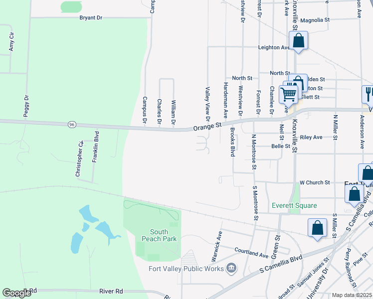map of restaurants, bars, coffee shops, grocery stores, and more near 1201 Orange Street in Fort Valley