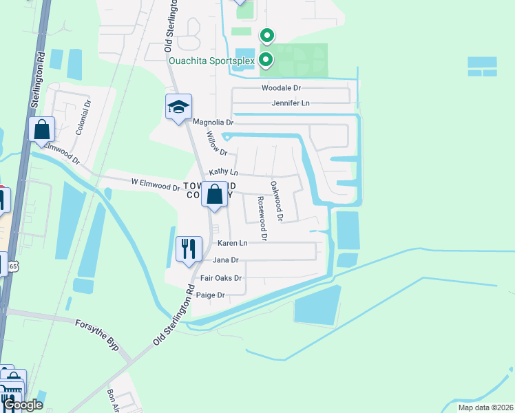 map of restaurants, bars, coffee shops, grocery stores, and more near 12 Rosewood Drive in Monroe