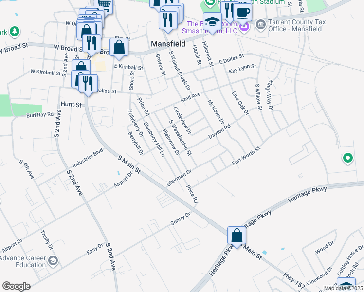 map of restaurants, bars, coffee shops, grocery stores, and more near 618 South Waxahachie Street in Mansfield