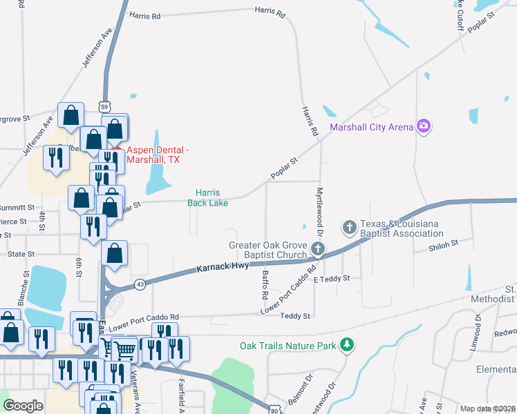 map of restaurants, bars, coffee shops, grocery stores, and more near 1305 Baffo Road in Marshall