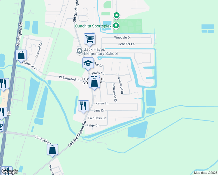 map of restaurants, bars, coffee shops, grocery stores, and more near 12 Rosewood Drive in Monroe