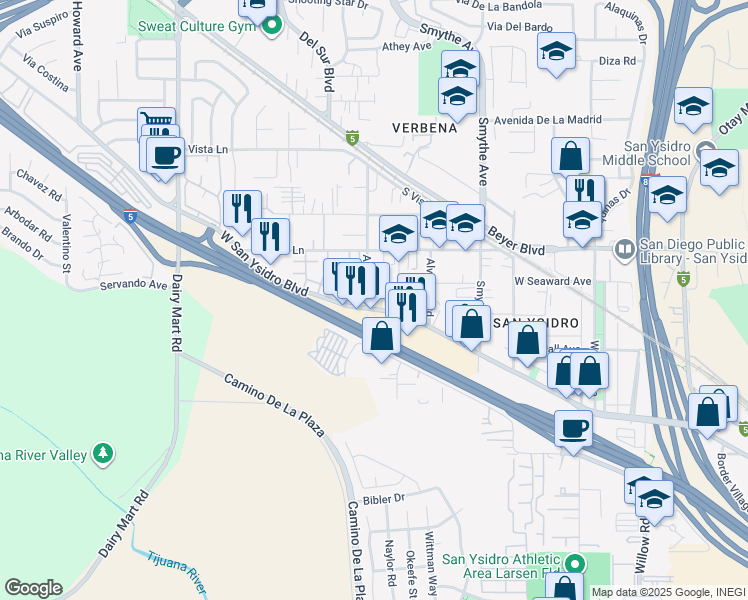 map of restaurants, bars, coffee shops, grocery stores, and more near in San Diego