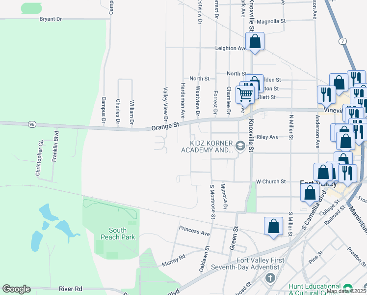 map of restaurants, bars, coffee shops, grocery stores, and more near 108 Brooks Boulevard in Fort Valley