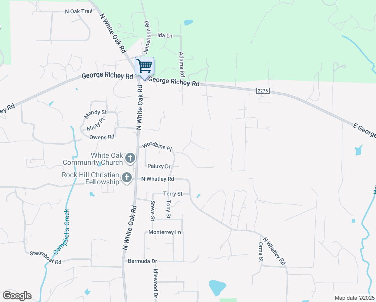 map of restaurants, bars, coffee shops, grocery stores, and more near 203 Travis Peak Trail in White Oak