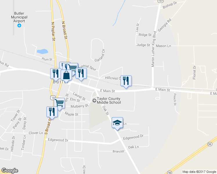 map of restaurants, bars, coffee shops, grocery stores, and more near 601 East Main Street in Butler