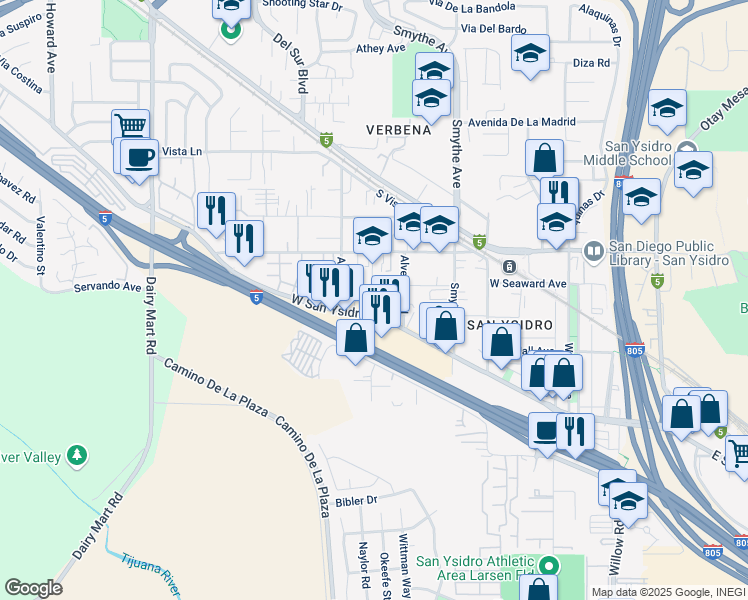map of restaurants, bars, coffee shops, grocery stores, and more near 429 West San Ysidro Boulevard in San Diego